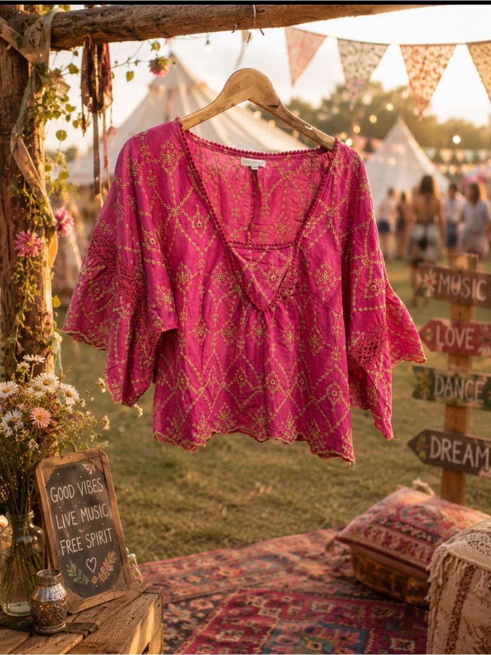Women's Embroidered Peasant cotton Blouse - Fuchsia pink and yellow boho size m